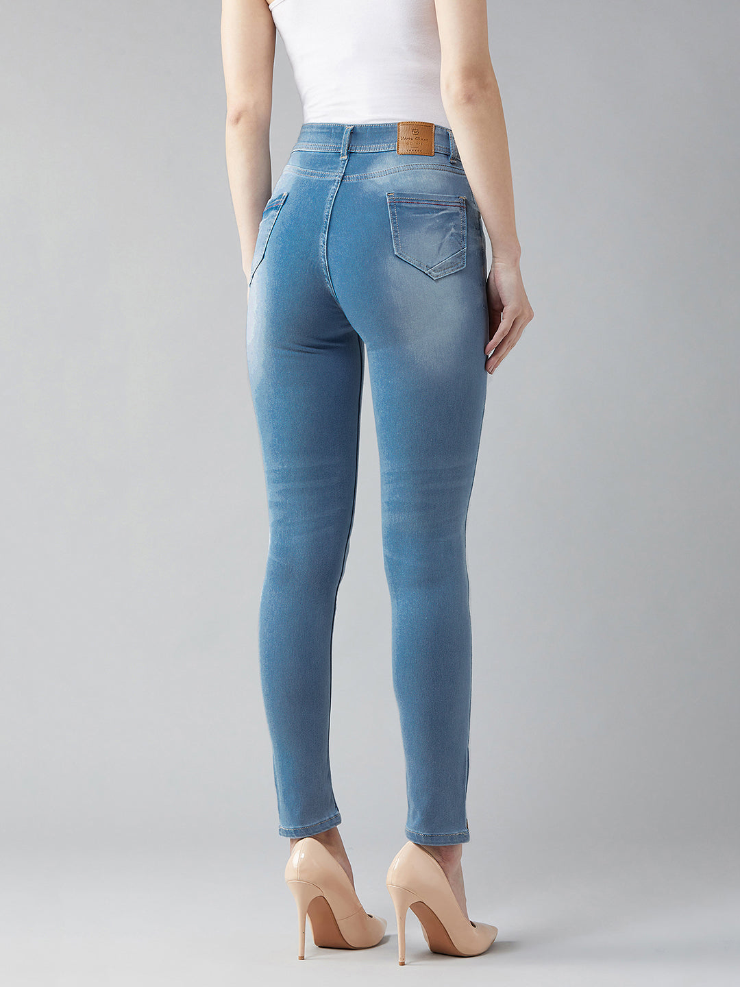 Women's Blue Skinny-Fit High-Rise Zipper Detailing Scraped Stretchable Denim Jeans