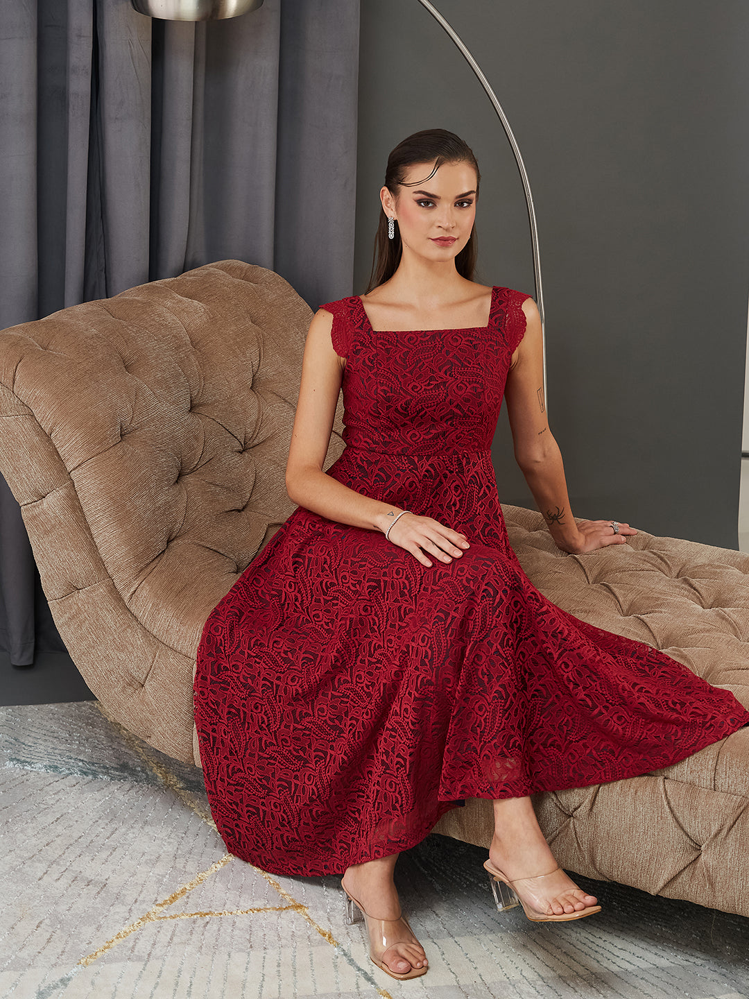 Women's Maroon Square Neck Sleeveless Self-Designed Ruffled Midi Lace Dress