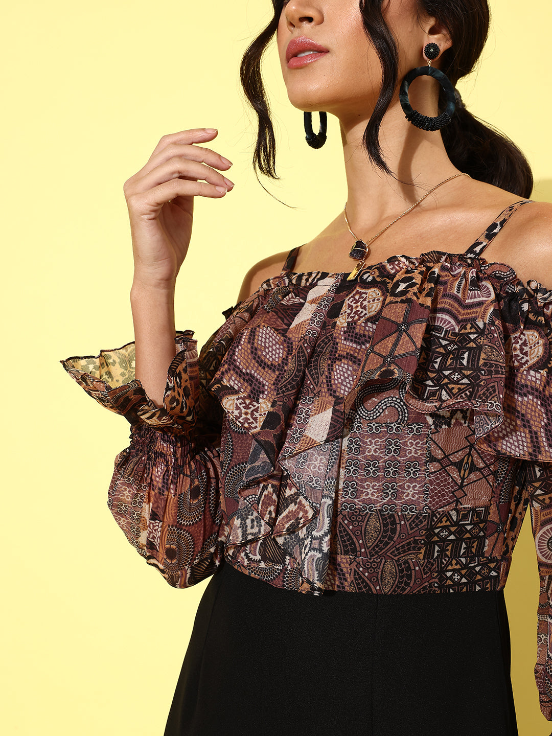 Women's Multicolored-Base-Black Off-Shoulder Ruffled Sleeve Animal Print Frilled Regular Jumpsuit