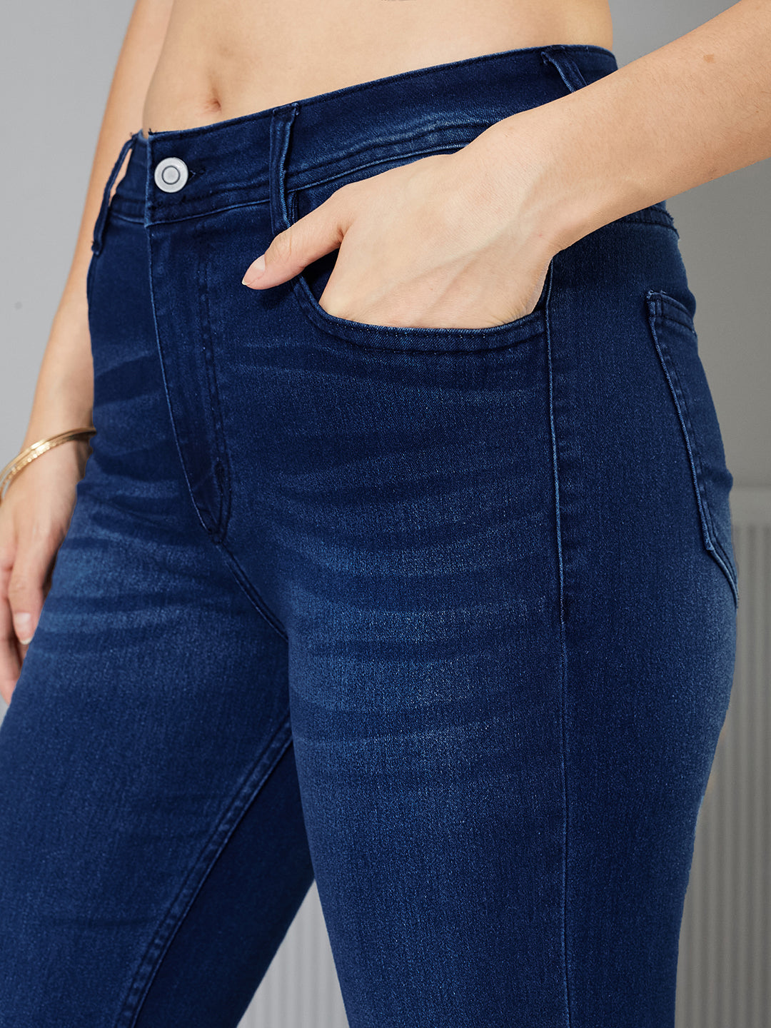 24/7 Comfort Navy-Blue High-Rise Clean-Look Stretchable Bootcut Denim Jeans for Women — Miss Chase
