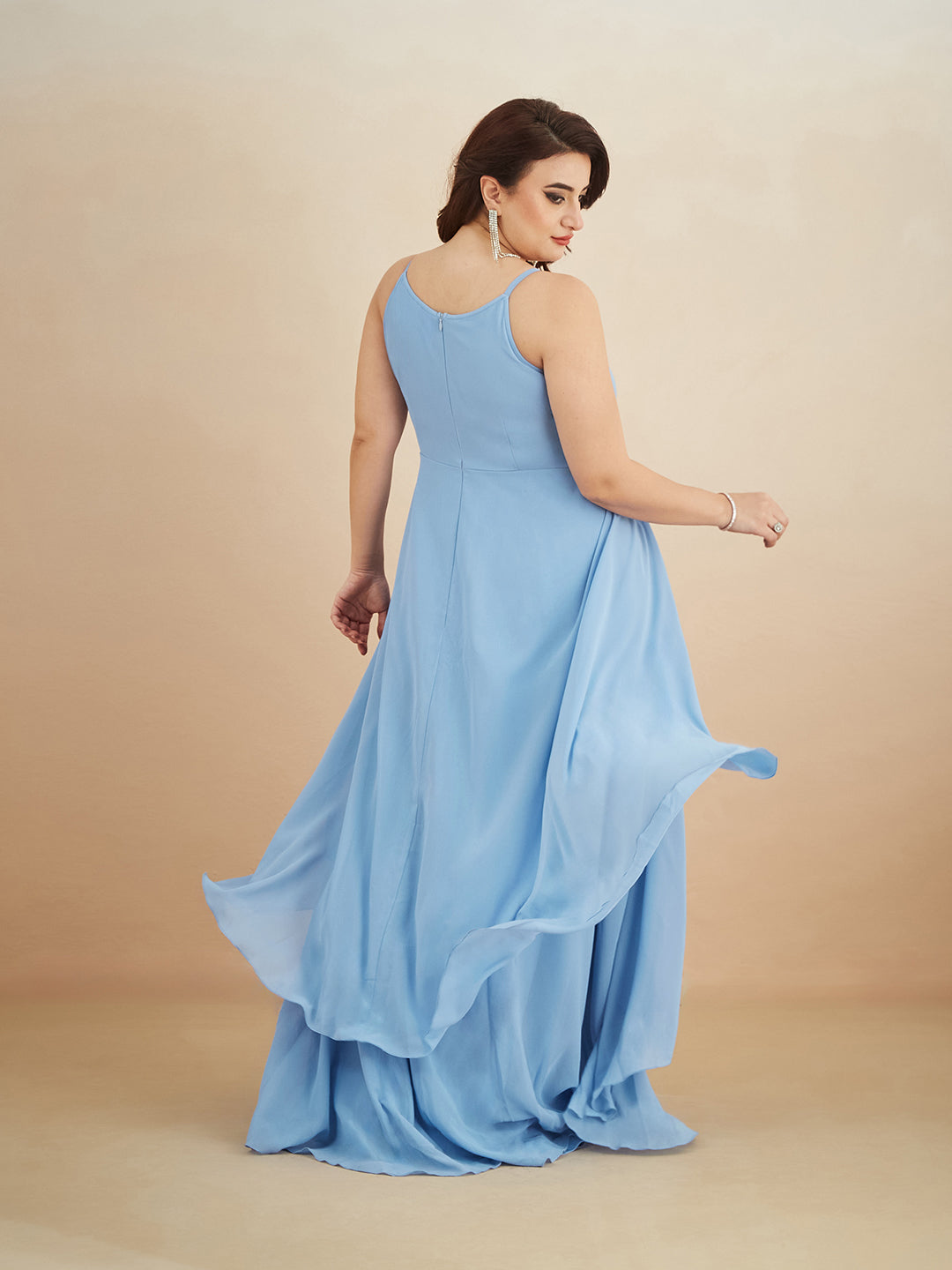 Powder Blue Halter-Neck Sleeveless Embroidered Layered Georgette Maxi Dress for Women — Miss Chase A+