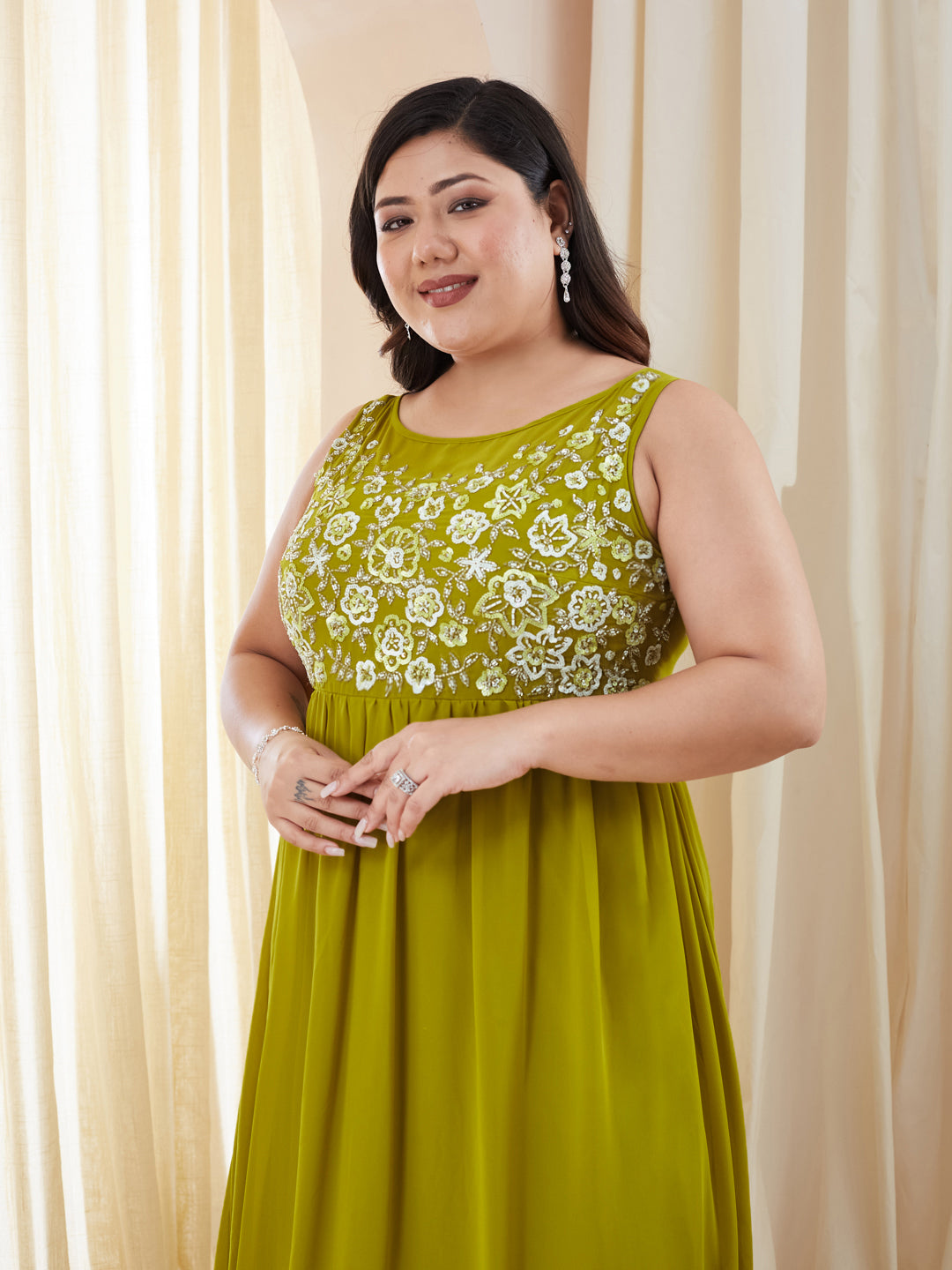 Lemon Green Boat-Neck Sleeveless Embroidered Georgette Gathered Maxi Dress for Women — Miss Chase A+