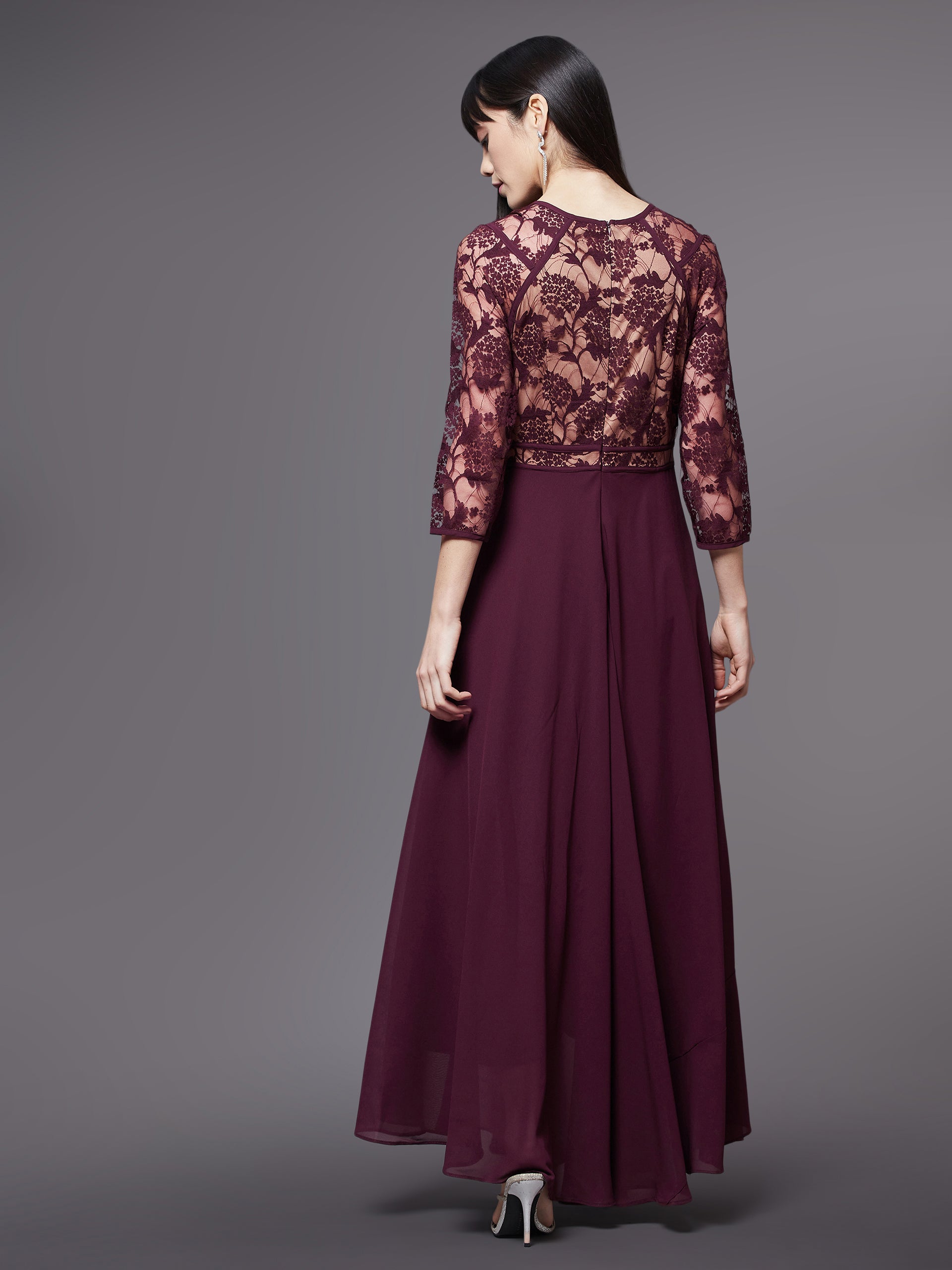 Wine Red Long Sleeves Lace Fit and Flare Maxi Dress Long Dress Frock