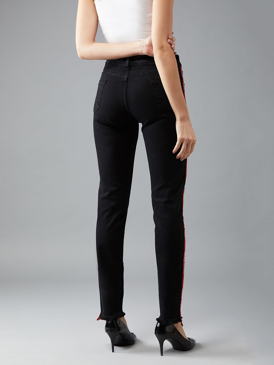 Black Slim-Fit High-Rise Mildly Distress Printed Twill Tape Detailing Stretchable Denim Jeans for Women — Dolce Crudo