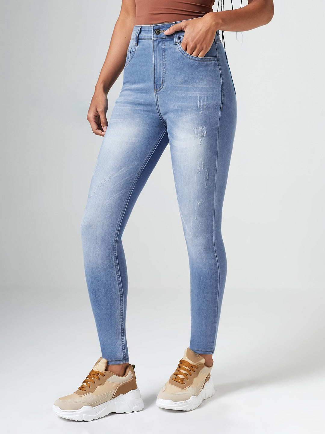Blue High-Rise Mildly-Distressed Regular-Length Stretchable Denim Skinny Jeans for Women