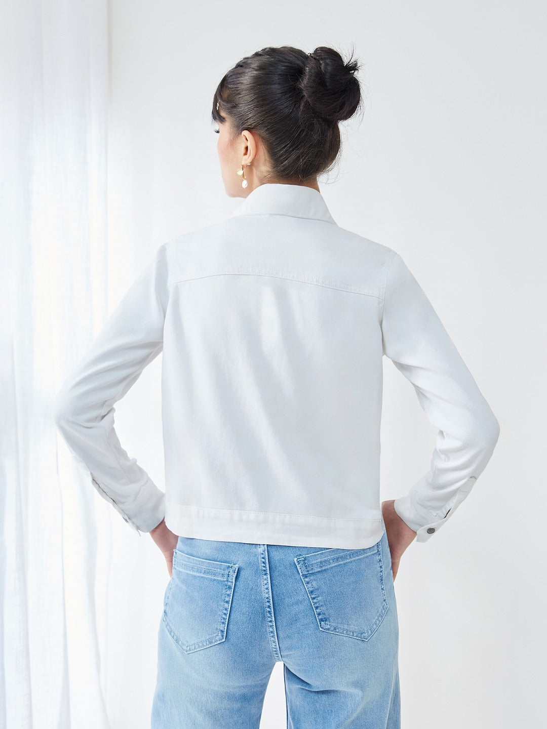 White Polo Neck Full Sleeves Denim Solid Cropped Jacket for Women