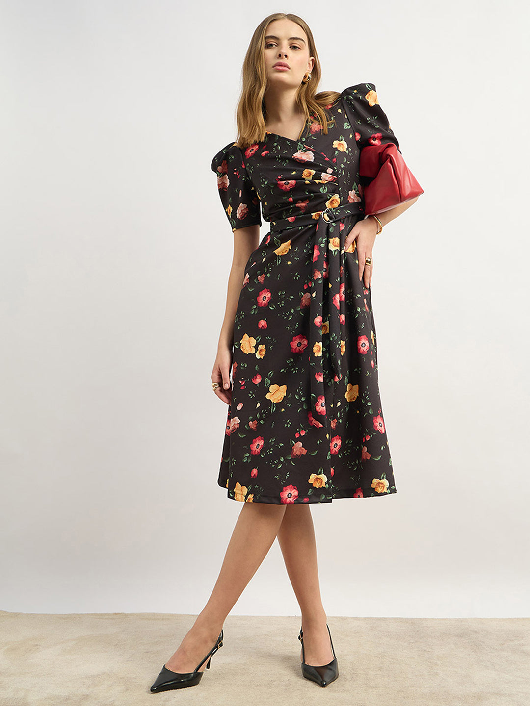 Women's Multicolored-Base-Black V-Neck Pleated Puff Sleeve Floral Patterned Wrap Midi Polyester Dress