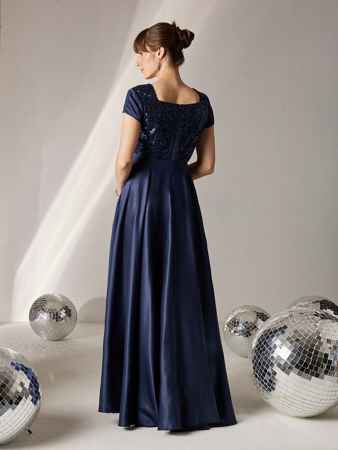 Women's Navy Blue Square Neck Short Sleeve Embellished Polyester Fit & Flare Maxi Dress