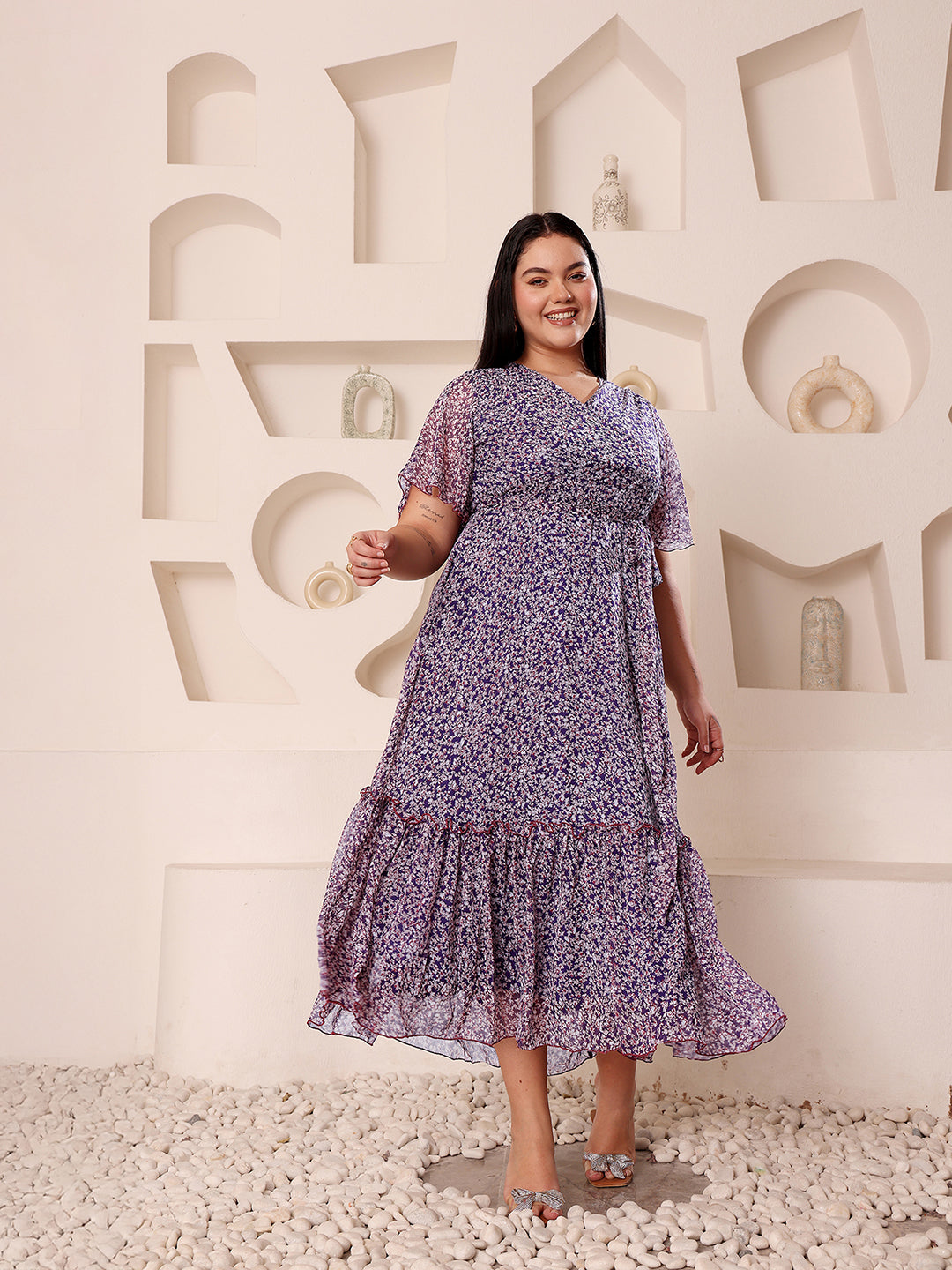 Body Bliss Multicolored-Base-Purple V-Neck Flared Sleeve Floral Wrap Chiffon Maxi Dress