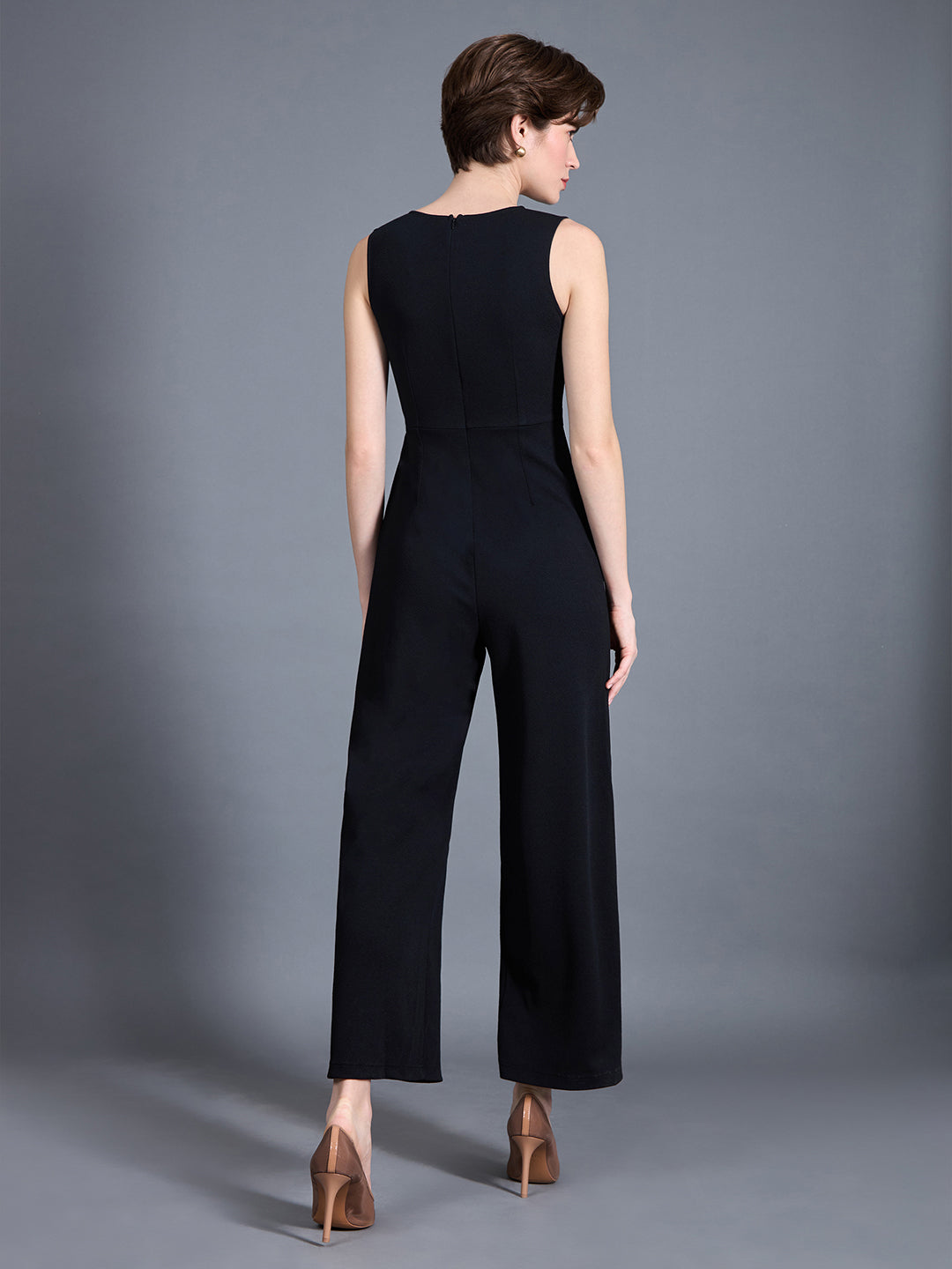 Women's Black V-Neck Sleeveless Solid Wrap Regular-Length Polyester Jumpsuit