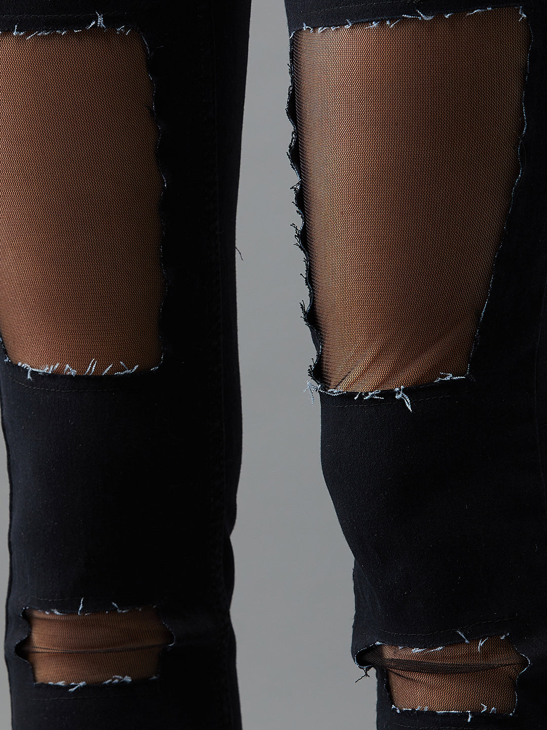 Women's Black Slim-Fit High-Rise Mild Distressed Ripped Net Detailing Stretchable Denim Jeans