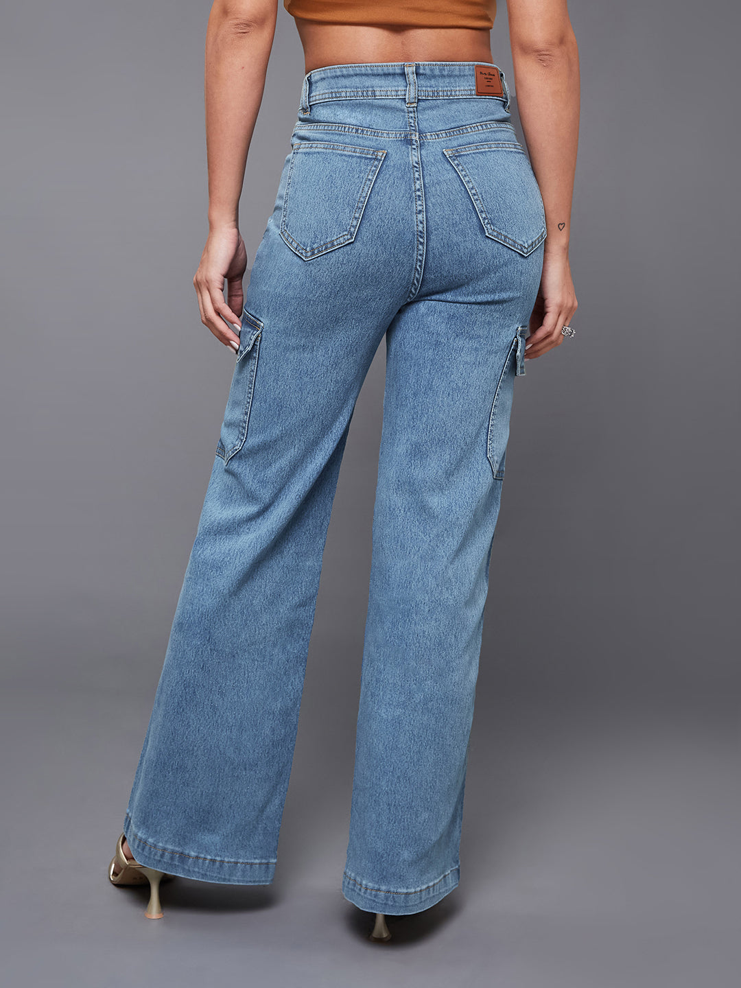 24/7 Comfort Blue Wide-Leg High-Rise Stretchable Cargo Denim Jeans