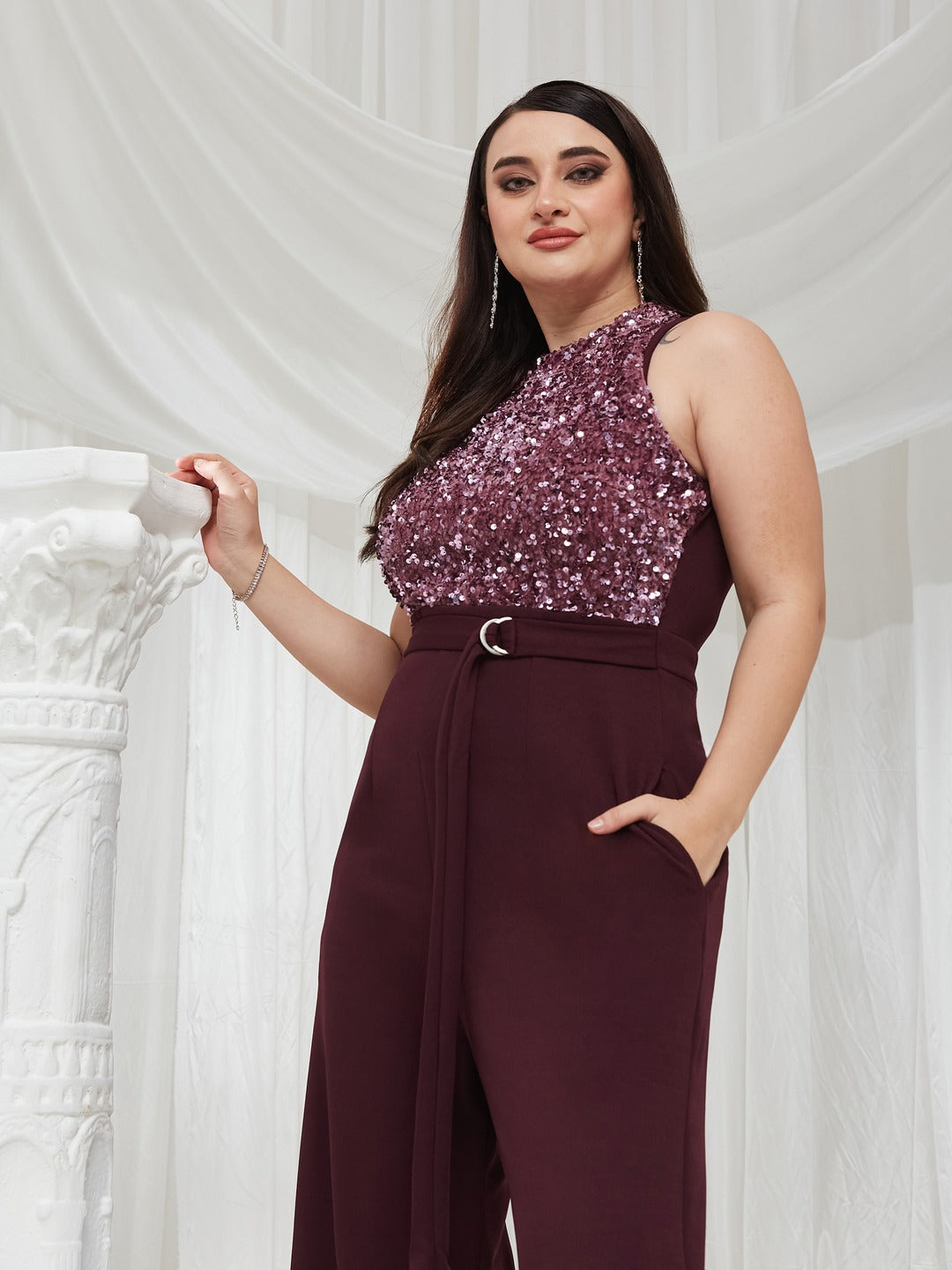 Dark Purple Halter Neck Sleeveless Embellished Regular-Length Jumpsuit for Women — Miss Chase A+
