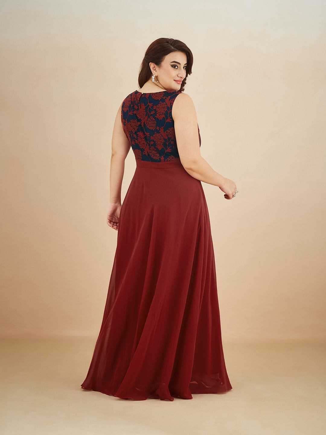 Maroon & Teal Boat-Neck Sleeveless Self Design Lace Overlaid Maxi Dress for Women — Miss Chase A+