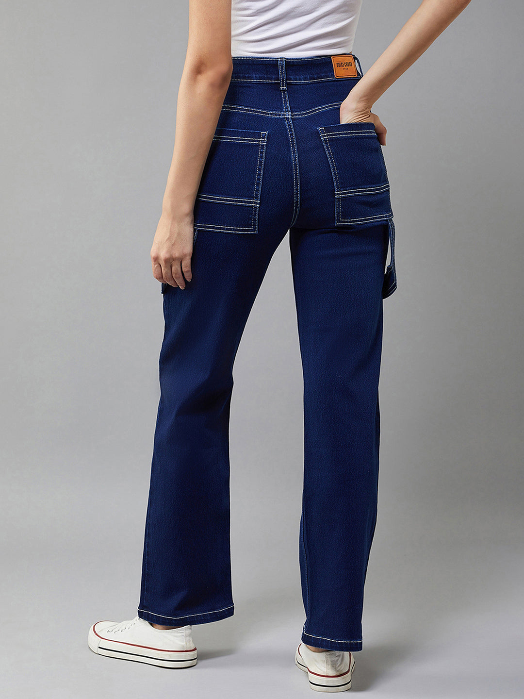 24/7 Comfort Navy-Blue Wide-Leg Bell-Bottom Bootcut High-Rise Stretchable Denim Jeans