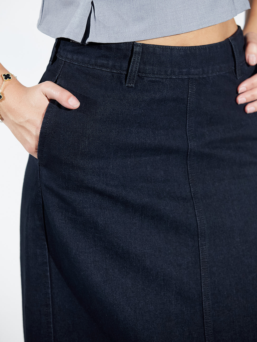 Black High-Rise Straight Fit Denim Midi Skirt with Zip Closure & Back Slit For Women
