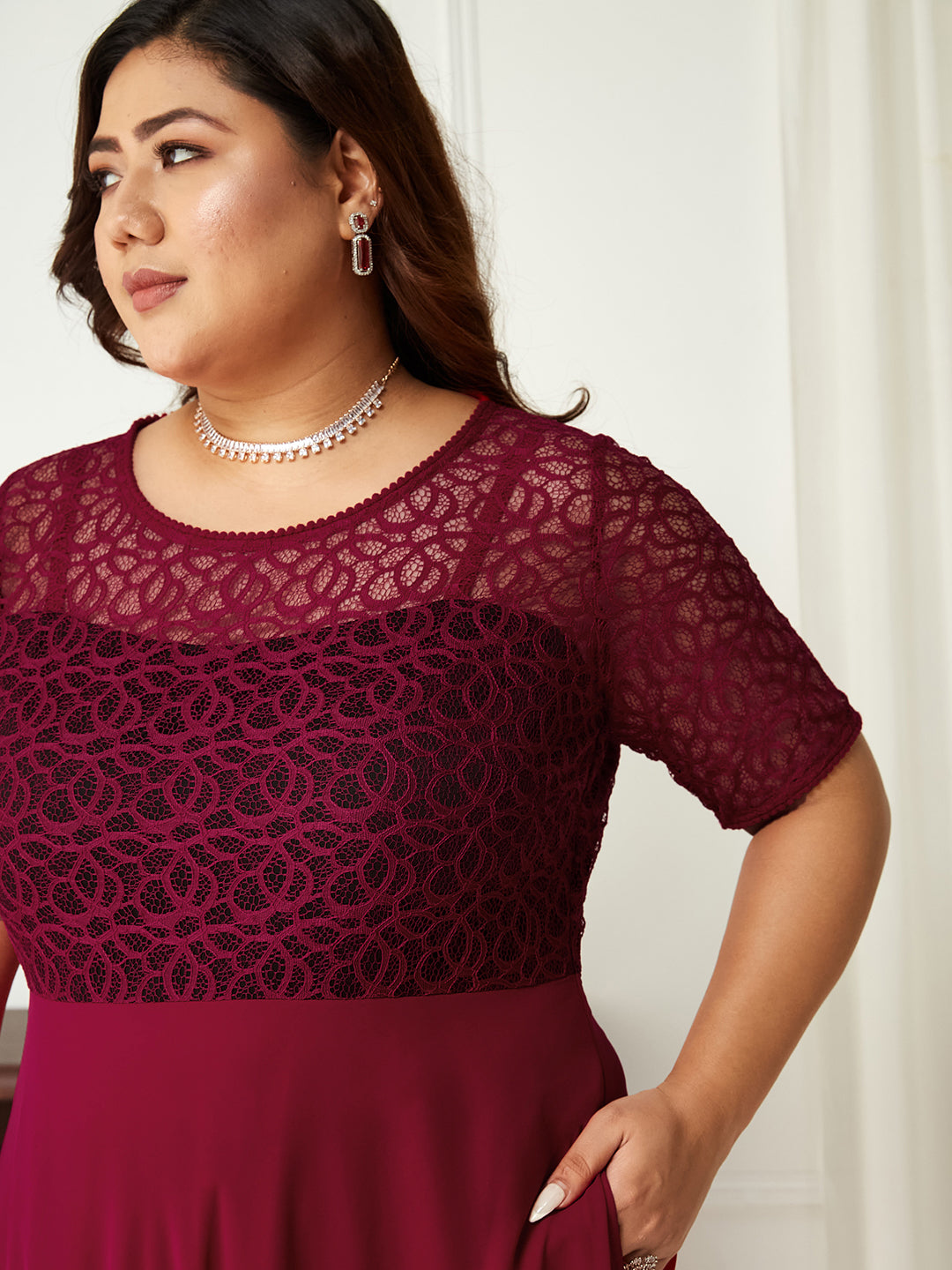 Dark Pink Short Sleeves Lace Fit and Flare Maxi Dress Long Dress Frock for Women