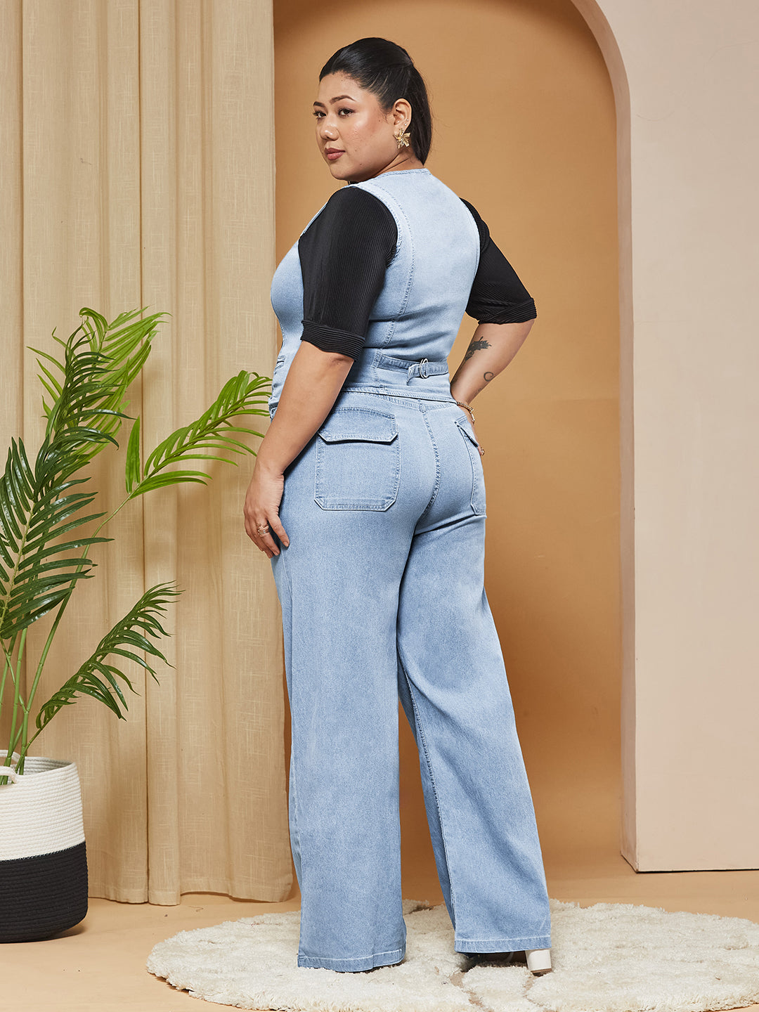 Light Blue Wide-Leg High Rise Stretchable Light-weight Denim Co-Ord Set for Women