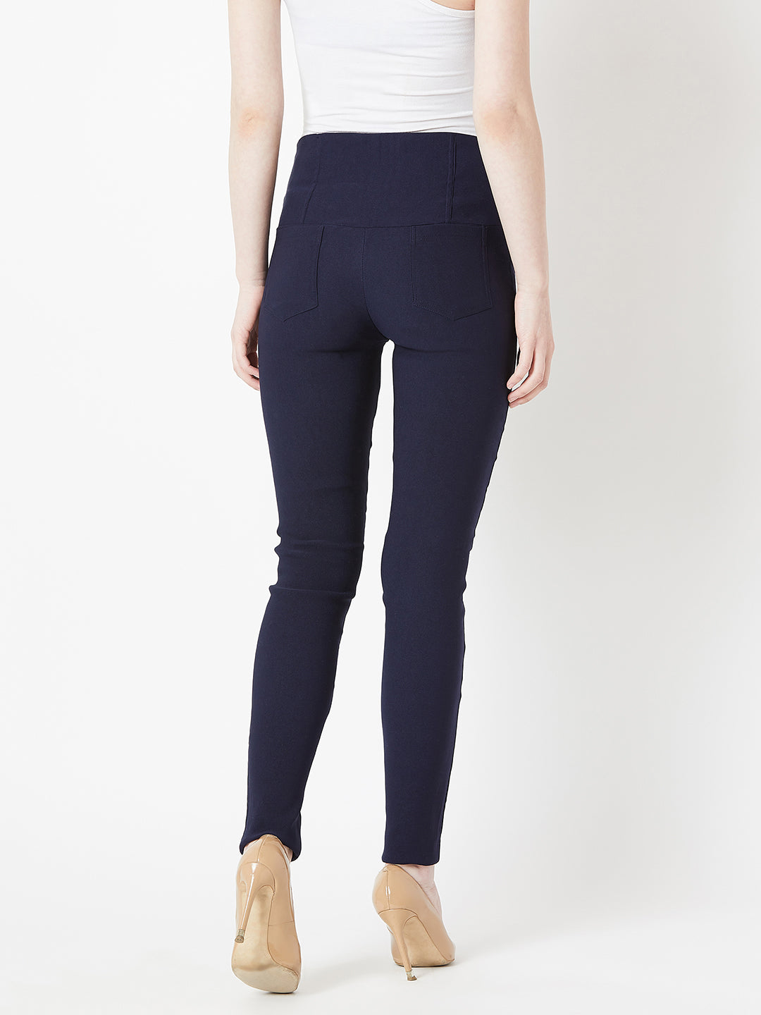 Women's Navy Blue Solid Skinny Regular Length High Waist Jeggings