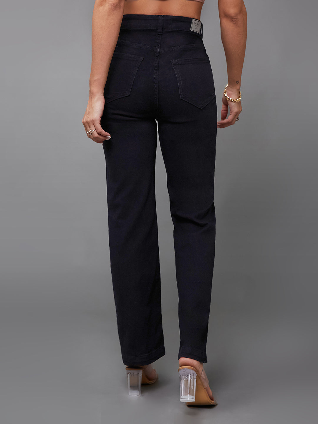 Women's Black Straight High Rise Clean Look Regular-Length Stretchable Denim Jeans