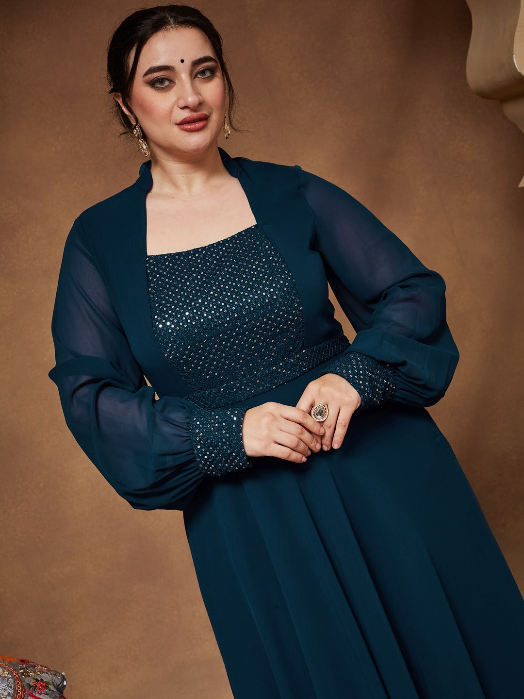 Teal Mandarin-Collar Bishop Sleeve Embellished Panelled Georgette Maxi Dress for Women — Miss Chase A+