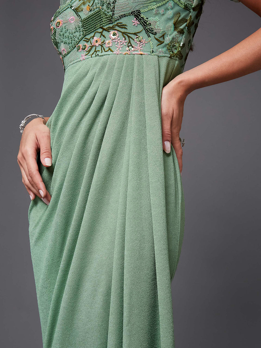 Women's Mint Round-Neck Half-Sleeve Embroidered Draped Polyester Midi Dress