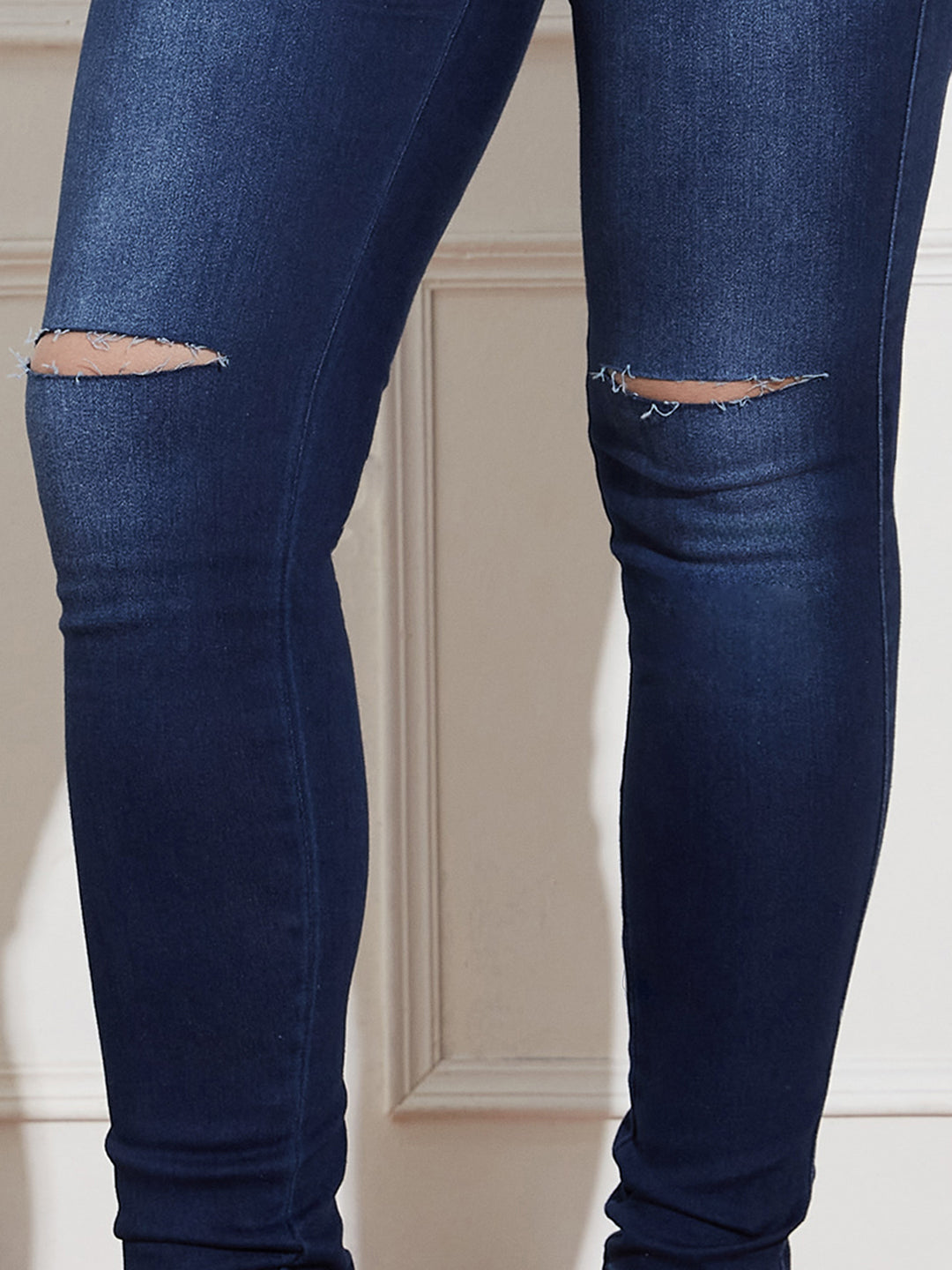 Women's Navy Blue Skinny Fit High Rise Clean Look Regular Length Double Knee Slit Stretchable High Waist Denim Jeans