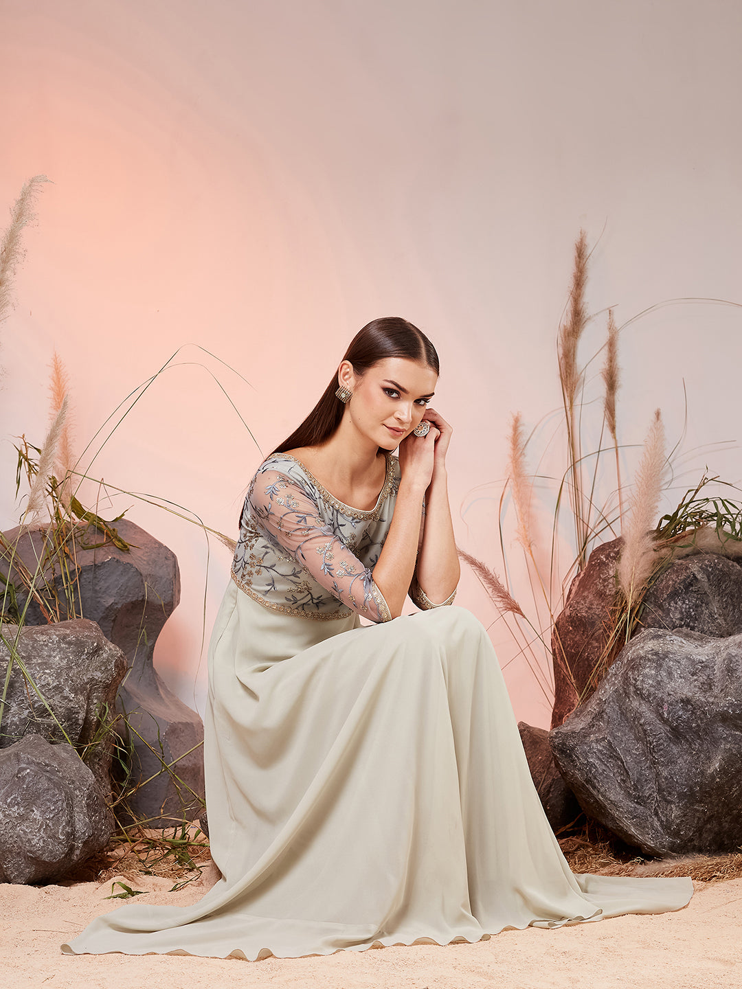 Dusty Green Boat-Neck Illusion Sleeve Embellished Fit & Flare Maxi Georgette Dress for Women