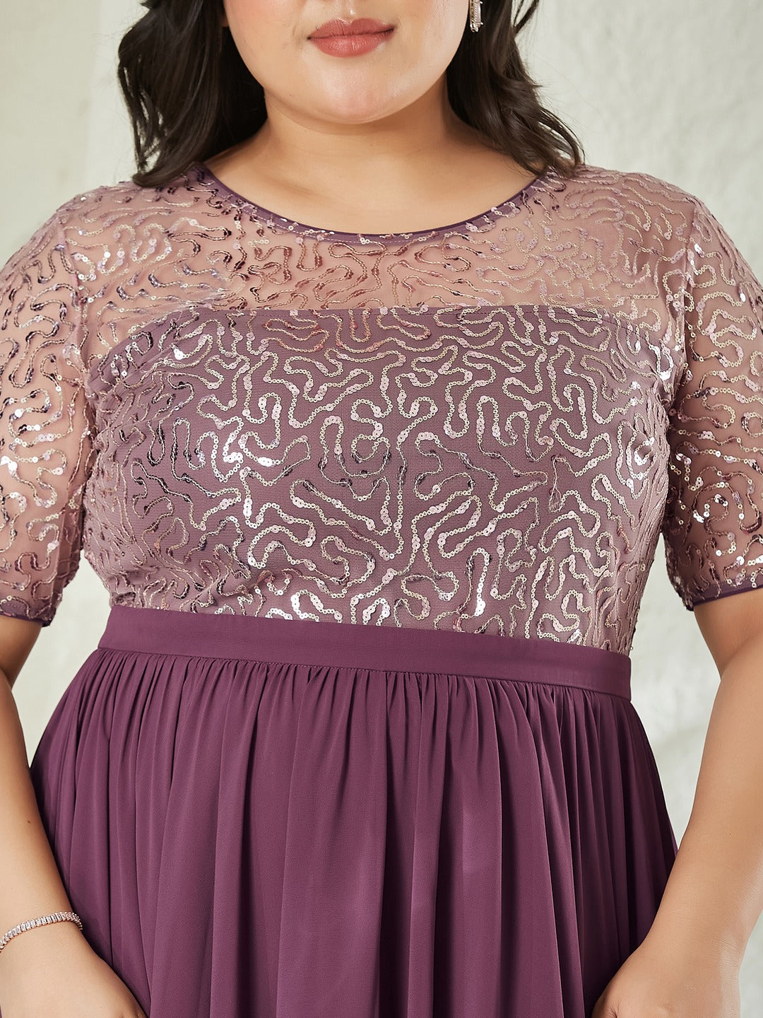Mauve Relaxed Fit Maxi Georgette & Sequins Dress for Women