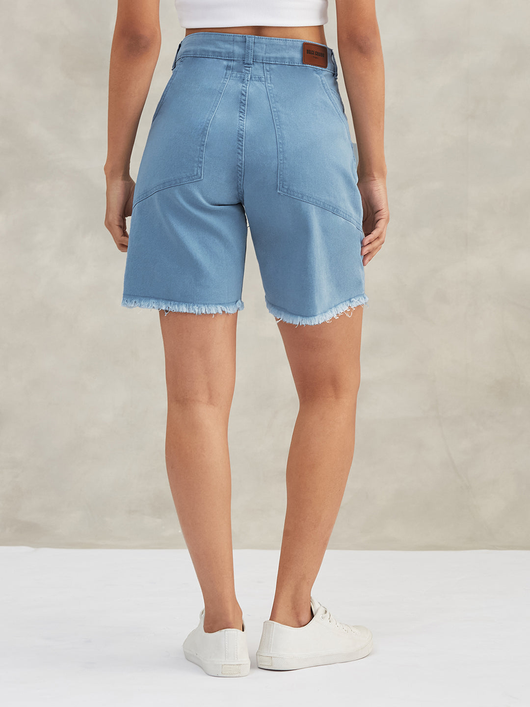 Light-Blue High-Rise Above-Knee Stretchable Denim Shorts for Women — Dolce Crudo