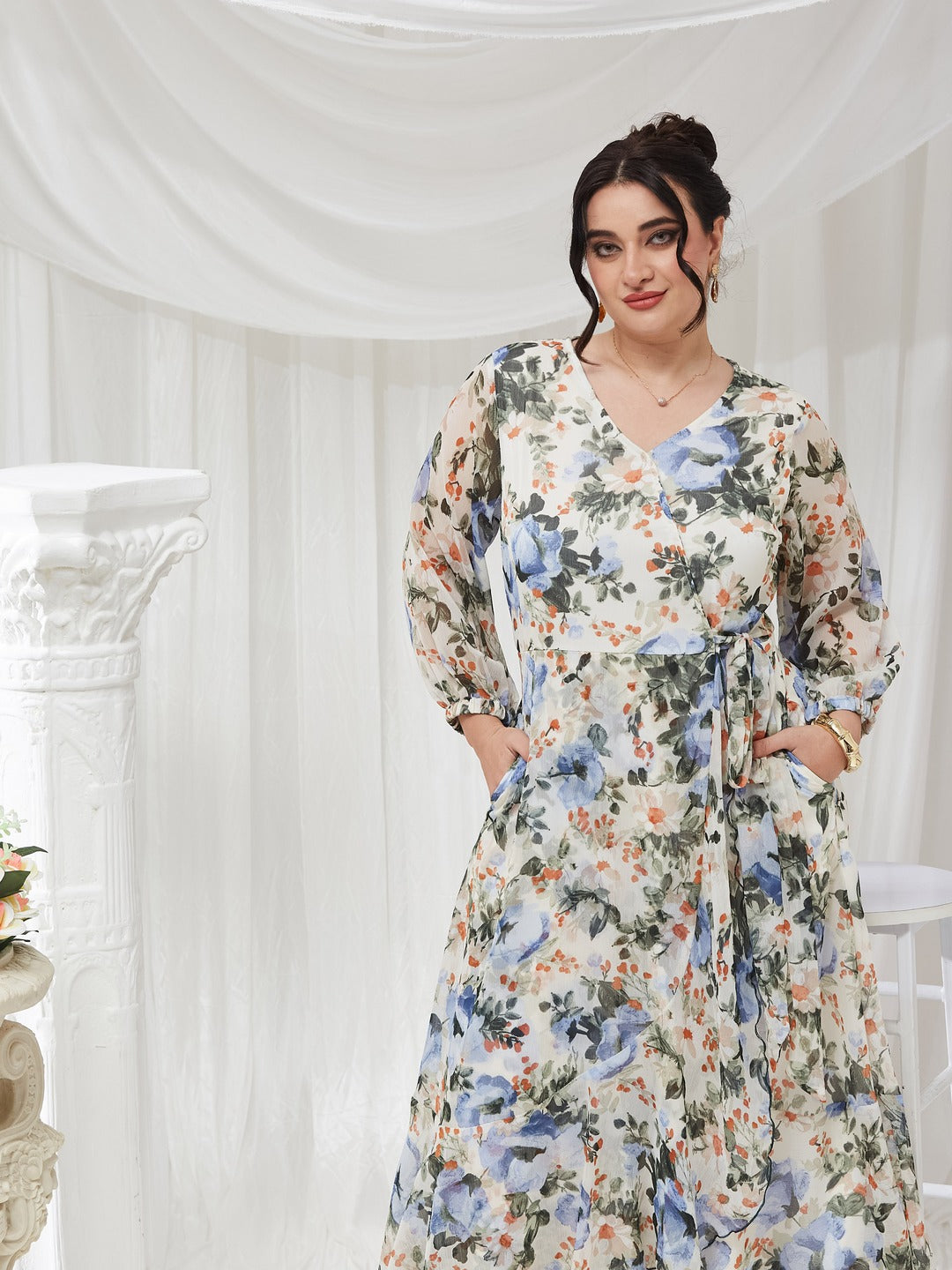 Off White V-Neck Three-Quarter Sleeve Floral Wrap Chiffon Midi Dress for Women