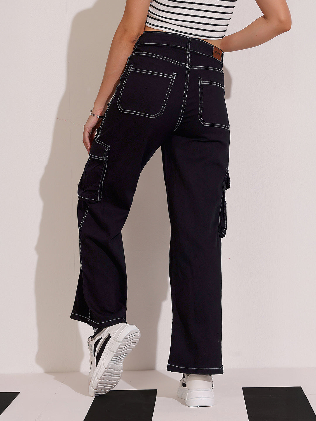 Women's Black Wide-Leg High-Rise Clean-Look Regular-Length Stretchable Patch-Pocketed Denim Jeans