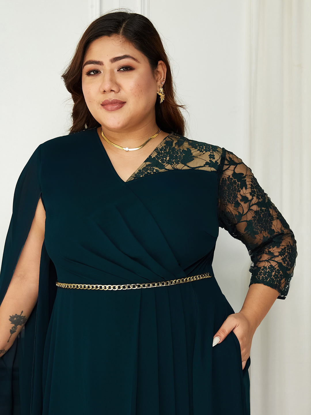 Body Bliss Teal Self-Designed Georgette Maxi Dress