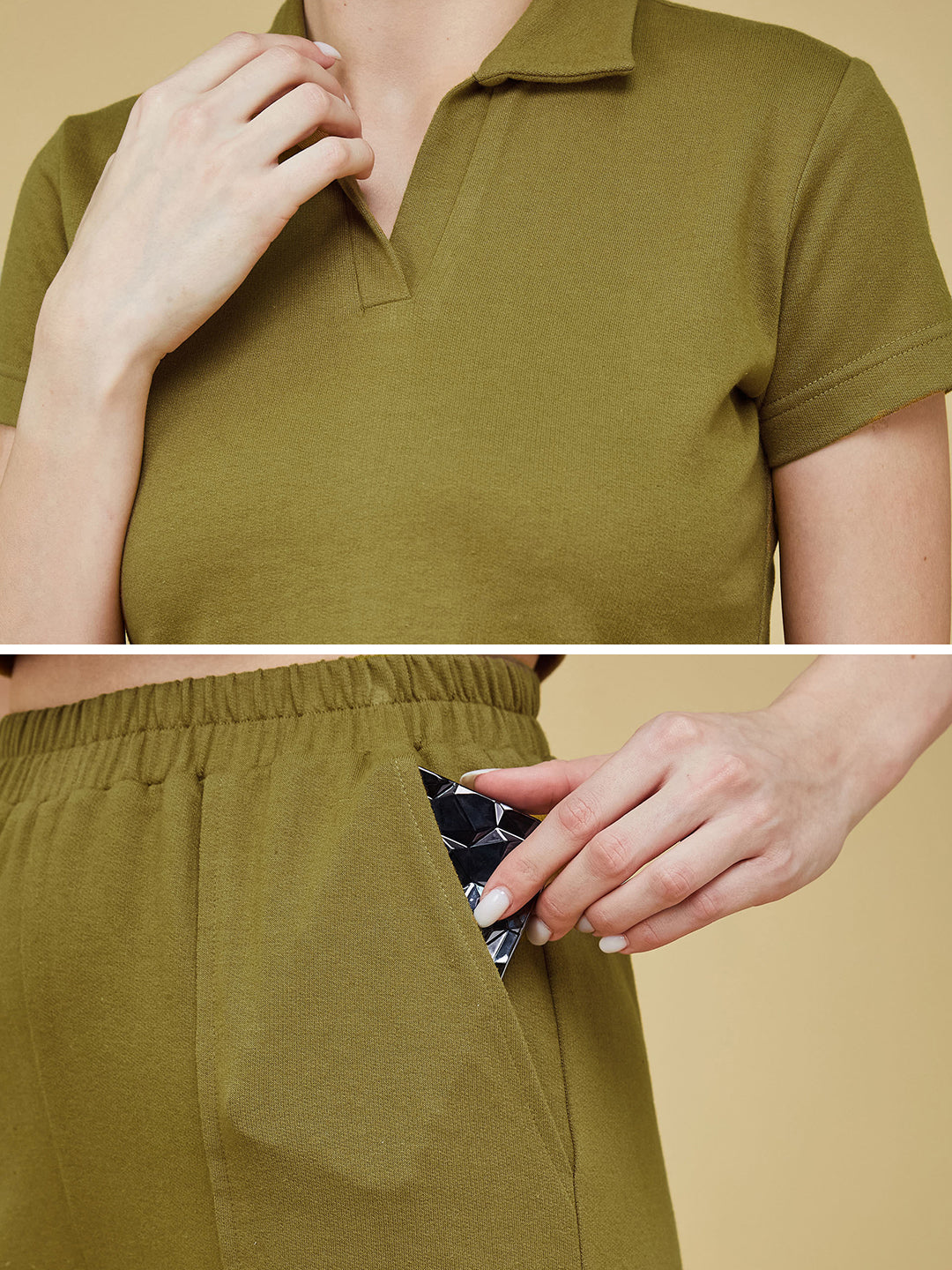 Women's Olive Green Shirt Collar Short Sleeve Solid Regular-Length Cotton Sporty Co-Ord Set