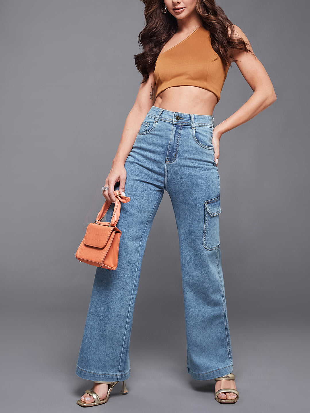 24/7 Comfort Blue Wide-Leg High-Rise Stretchable Cargo Denim Jeans