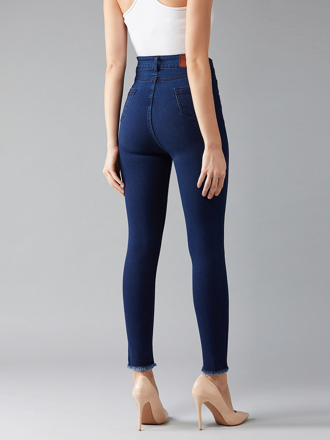 24/7 Comfort Navy-Blue Skinny High-Rise Fringed Hemline Cropped Stretchable Denim Jeans