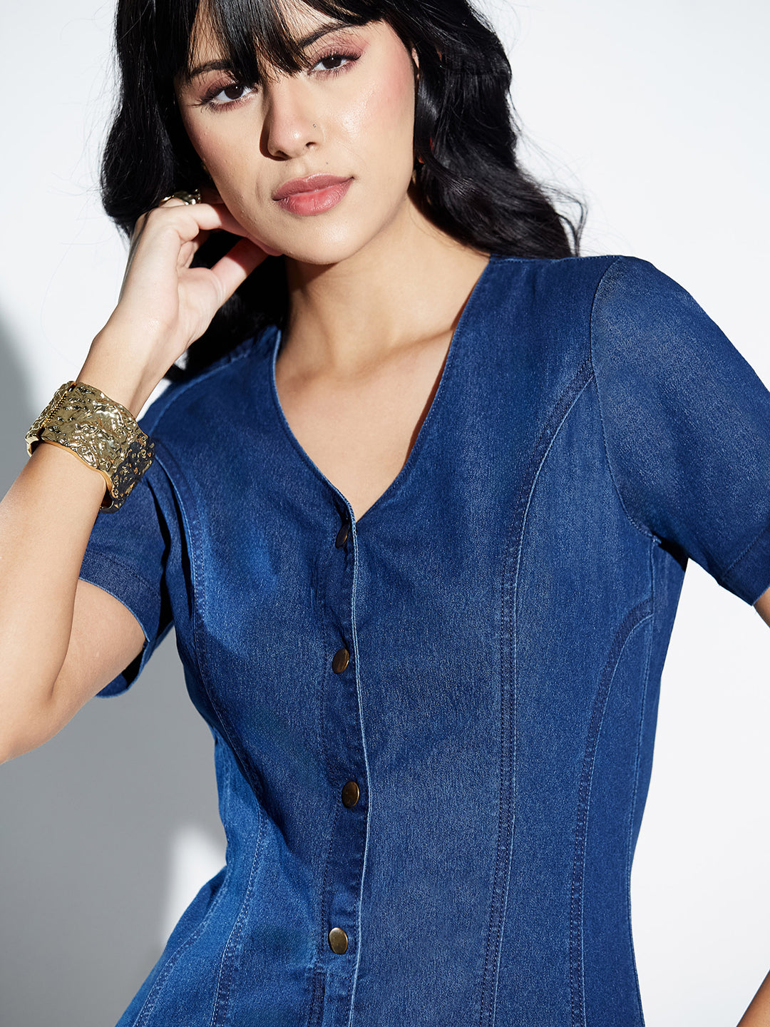 Navy Blue V-Neck Panelled Denim Fit & Flare Playsuit with Half Sleeves For Women