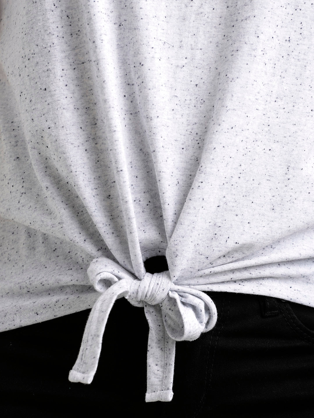 Women's Grey Round Neck Half Sleeves Solid Knotted Textured Top