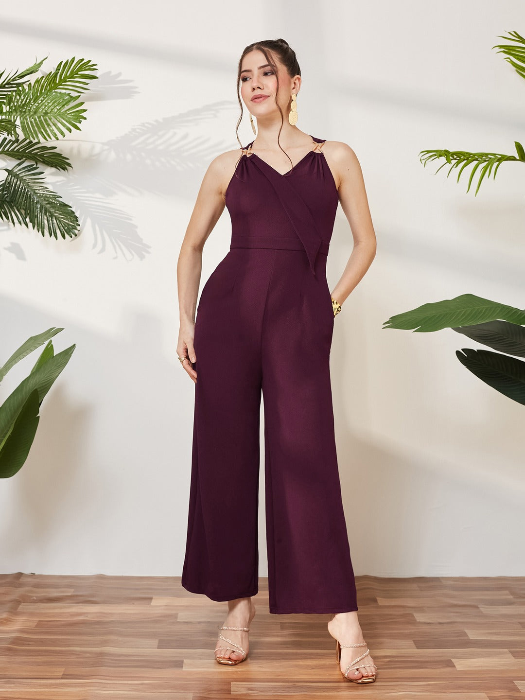 Wine V-Neck Sleeveless Solid Wrap Regular Jumpsuit for Women