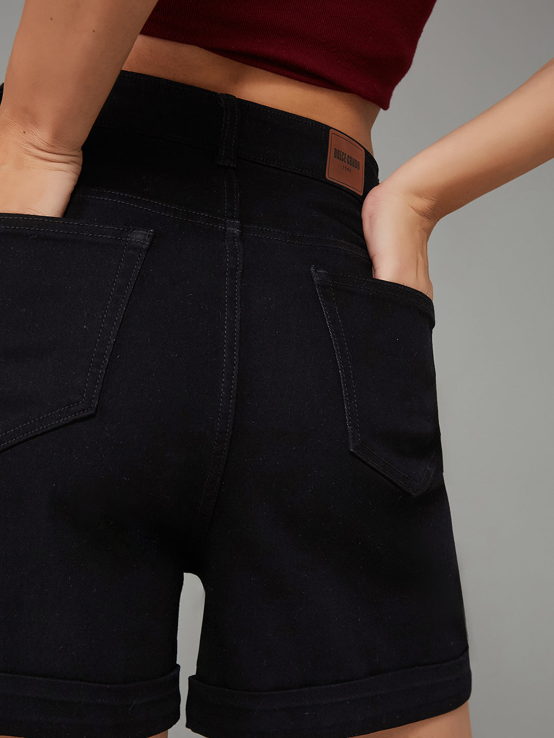 Black Flared High-Rise Clean-Look Regular Stretchable Denim Shorts for Women