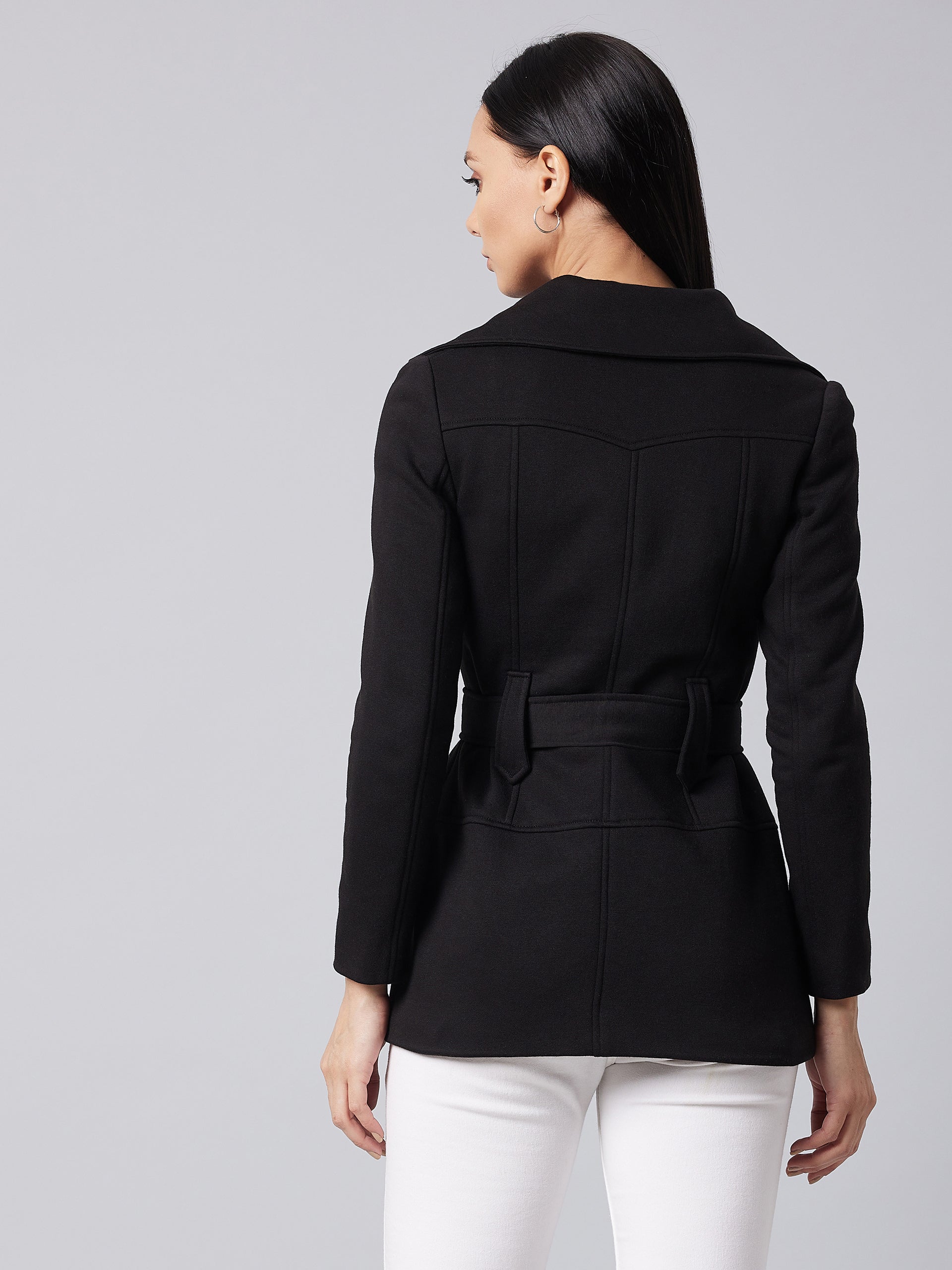 Women's Black Notch Collar Full Sleeve Solid Safari Longline Jacket