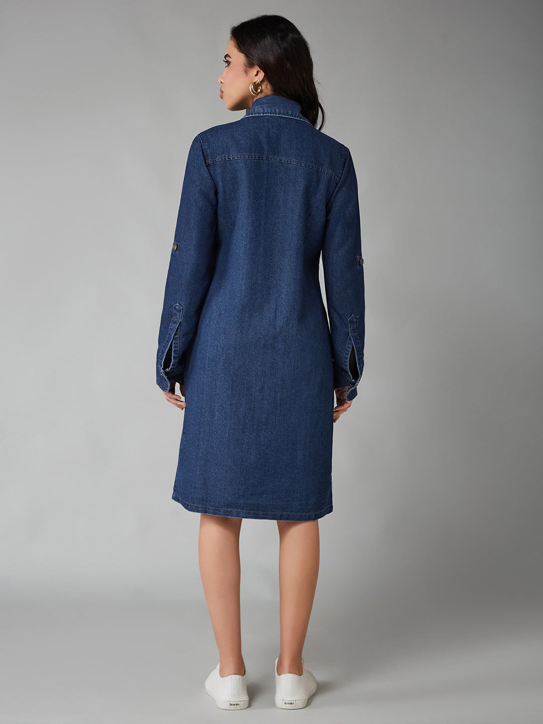 Women's Blue Collared-Neck Full-Sleeve Shirt Dress Styled Knee-Long Denim Jacket