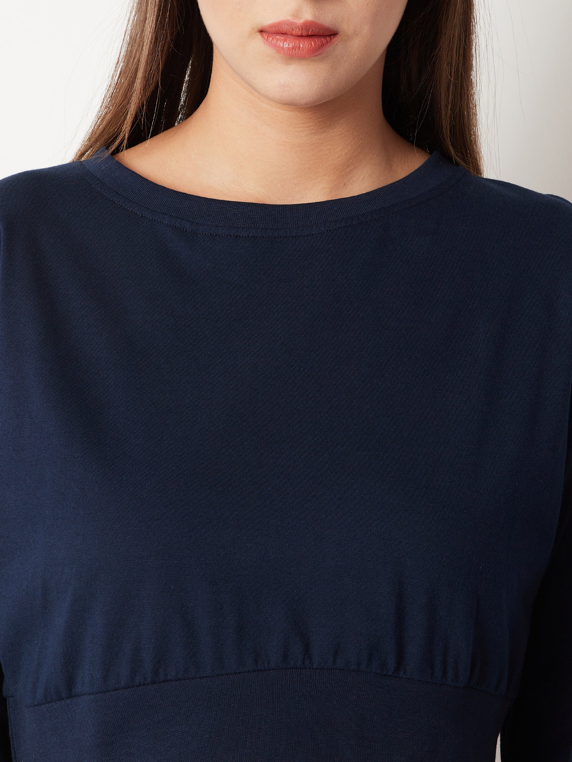Women's Navy Blue Round Neck Full Sleeve Cotton Pearl Detailing Solid Boxy Crop Top