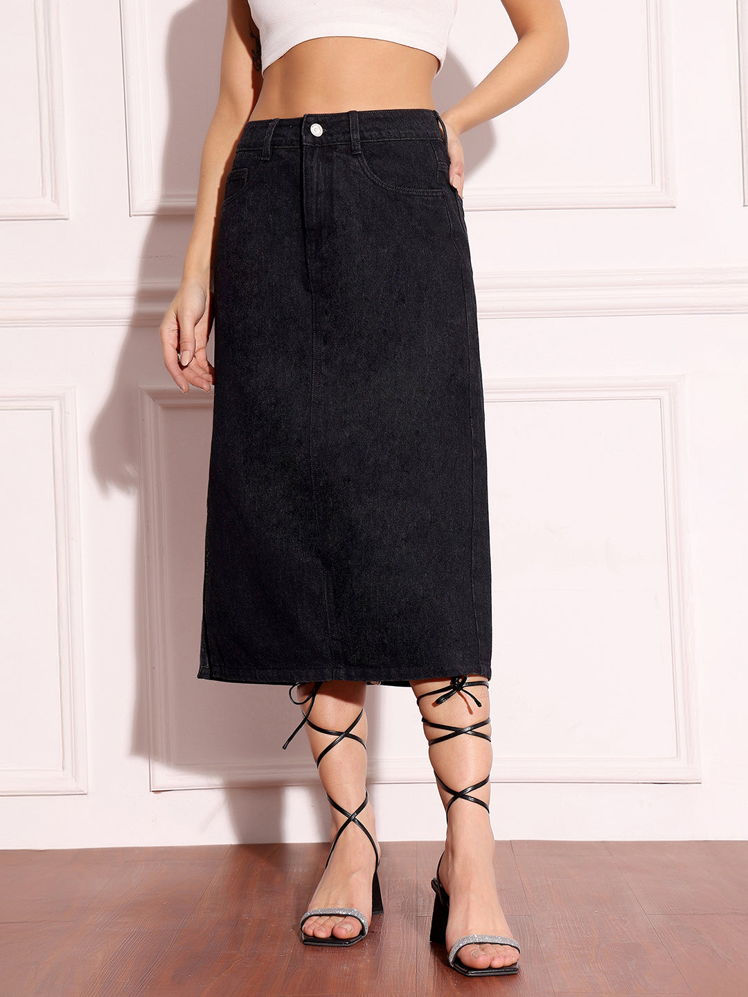 Women's Black Straight High-Rise Stretchable Denim Midi Skirt