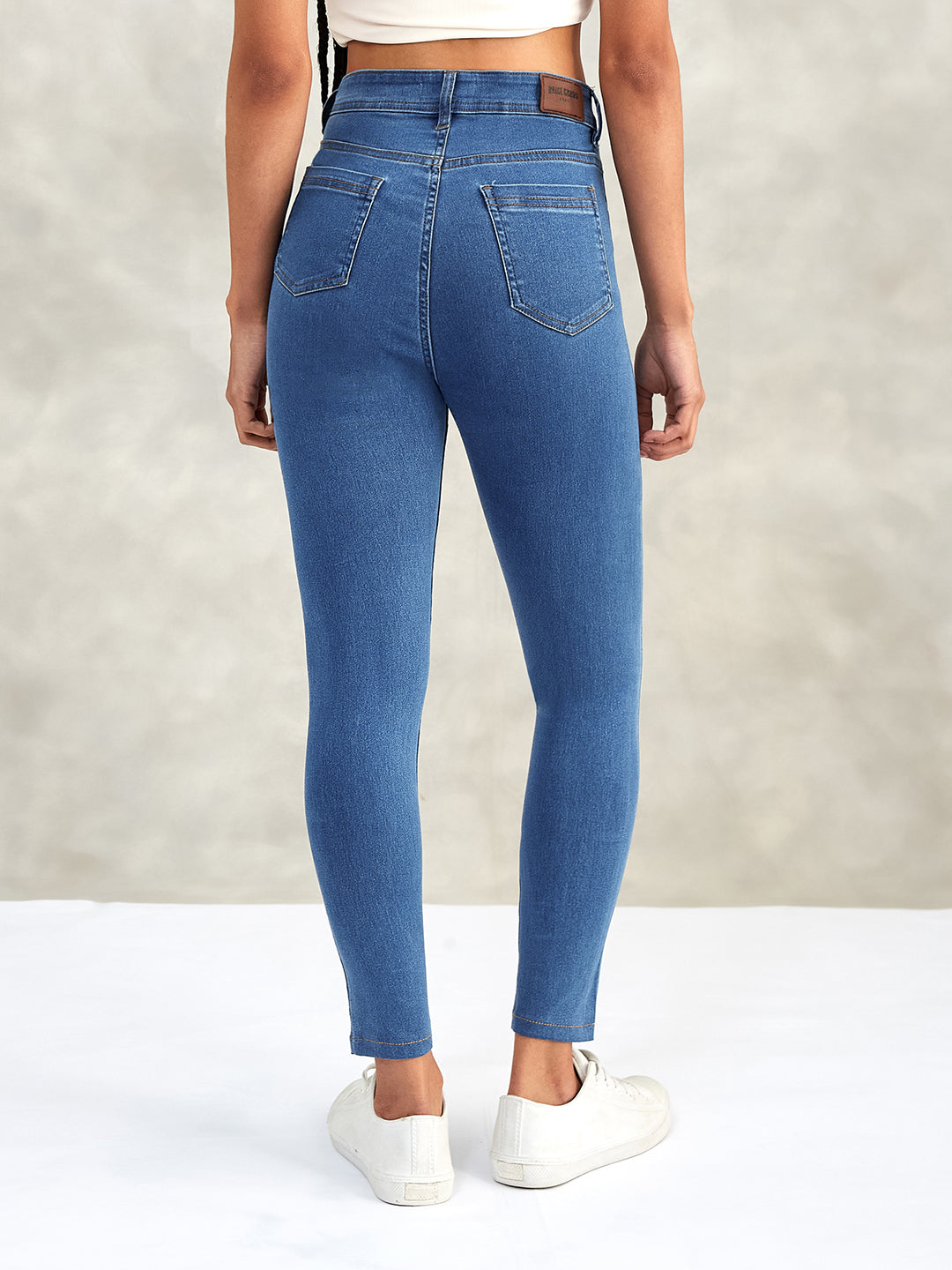 Women's Blue Skinny High-Rise Distressed Cropped Denim Jeans