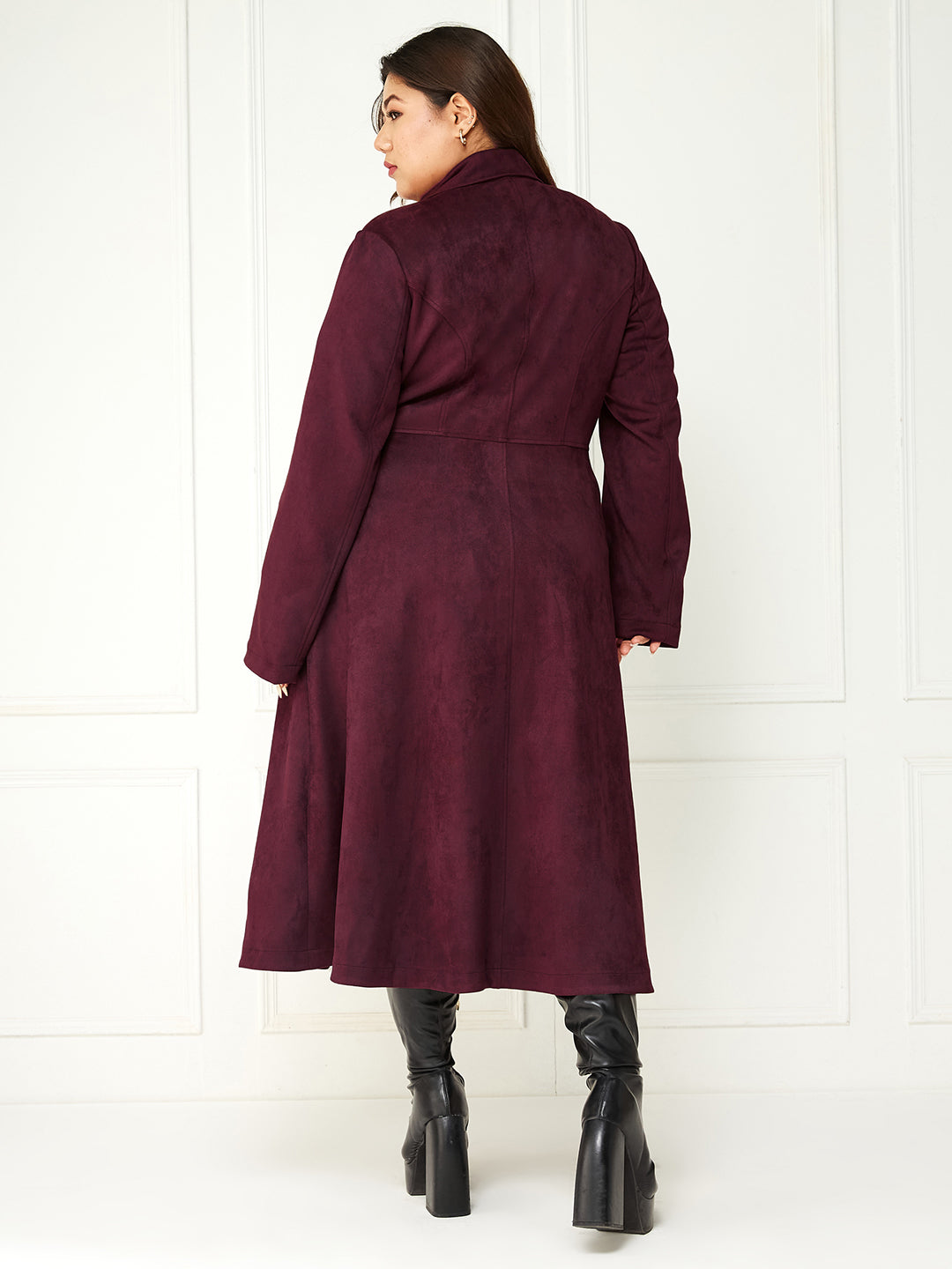 Body Bliss Wine Solid Double Breasted Longline Jacket for Women — Miss Chase A+