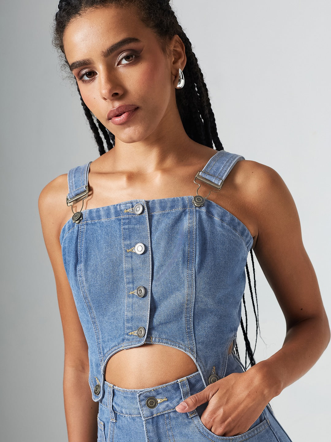 Blue Square Neck Sleeveless Solid Pinafore Detachable Midi Denim Co-Ord Set for Women
