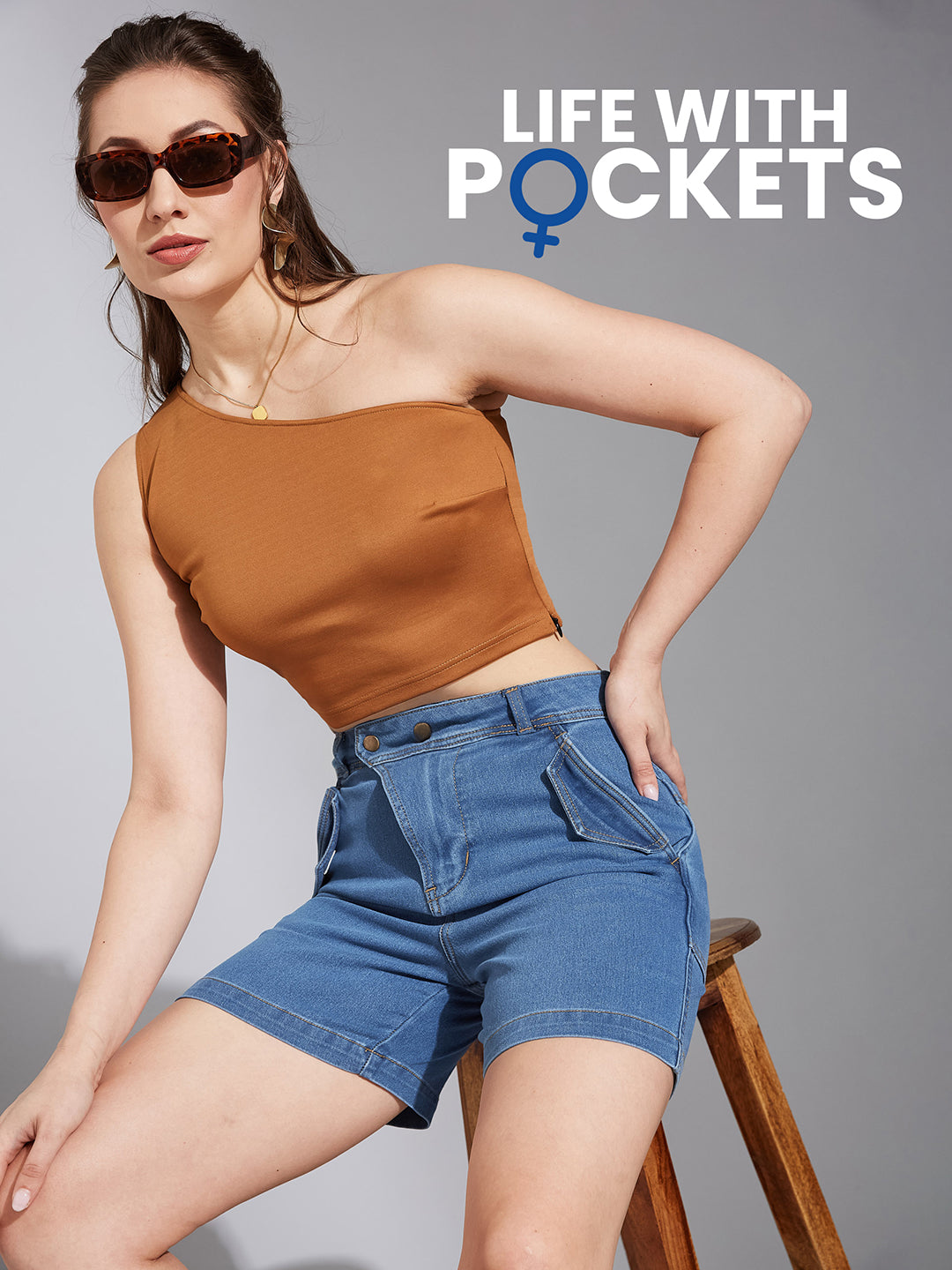 Relaxed-Fit Mid-Rise Clean-Look Stretchable Blue Denim Bermuda Shorts for Women