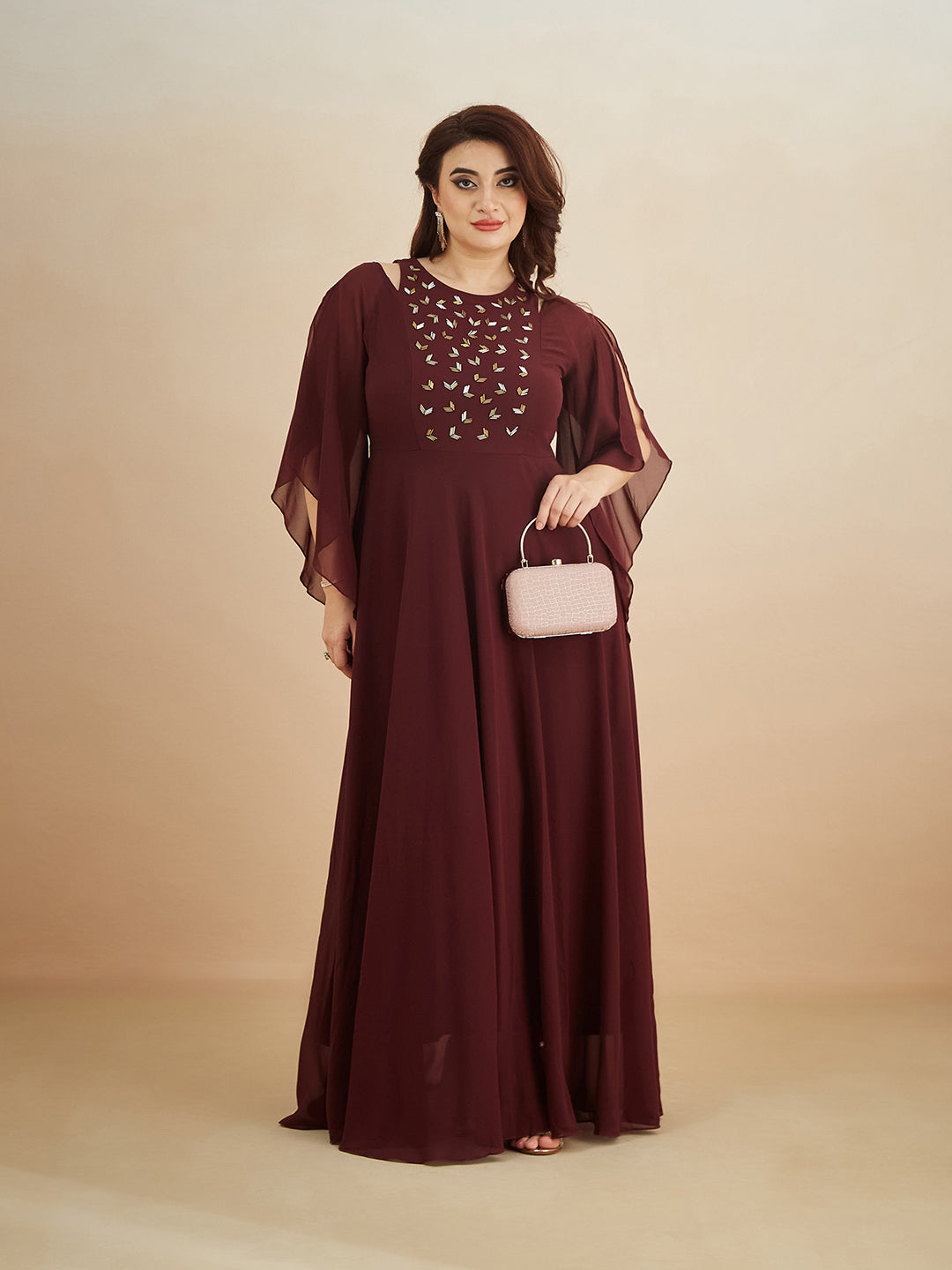 Wine Solid Relaxed Fit Round Neck Flared Sleeve Maxi Dress for Women