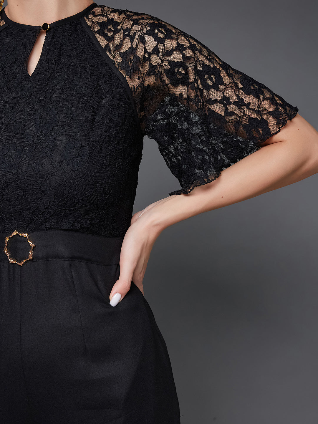 Women's Black Round Neck Flared Sleeve Floral Raglan Jumpsuit